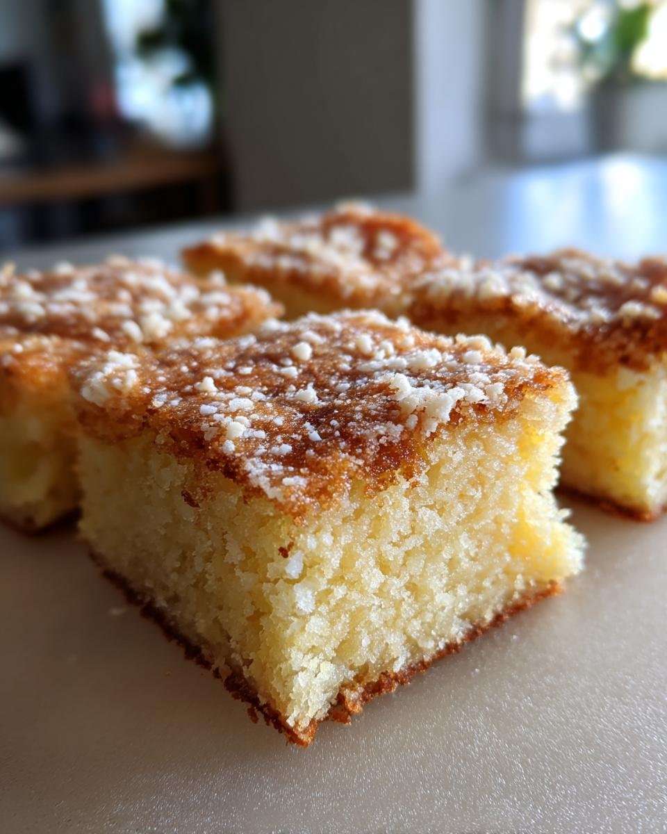 Close-up of moist, square Cake Batter Bars with a golden-brown, crumbly topping.