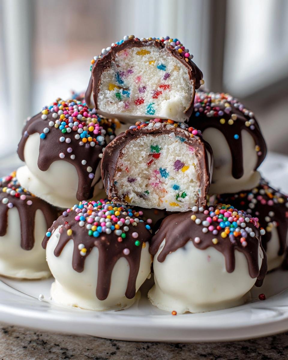 A stack of homemade Cake Batter Truffles dipped in white chocolate, drizzled with dark chocolate, and topped with colorful sprinkles.