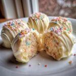 Four white chocolate coated Cake Batter Truffles, one cut in half showing the colorful interior, topped with rainbow sprinkles.