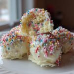 A stack of white chocolate coated Cake Batter Truffles covered in colorful sprinkles, with one truffle cut in half showing the interior.