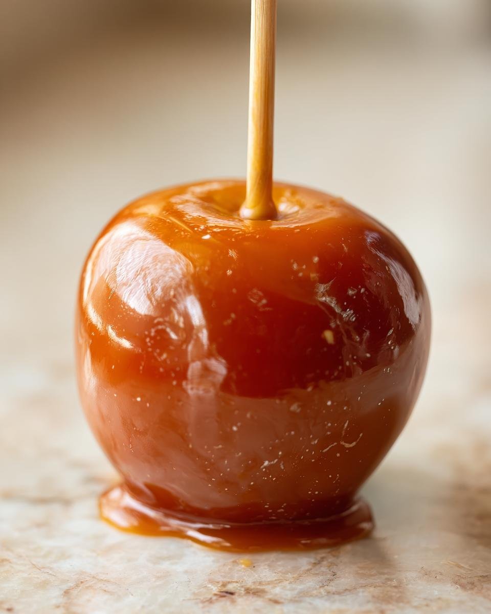 Close-up of a glossy, freshly dipped caramel apple on a wooden stick, part of our Caramel Apple Creations.