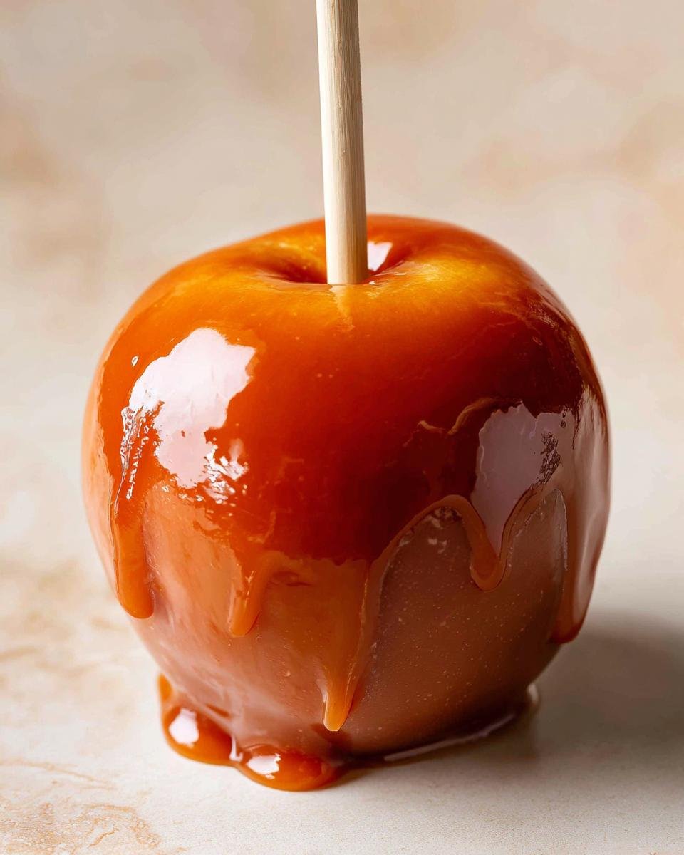 A glossy, deep amber caramel apple on a wooden stick, dripping slightly onto a light surface, showcasing one of the Caramel Apple Creations.