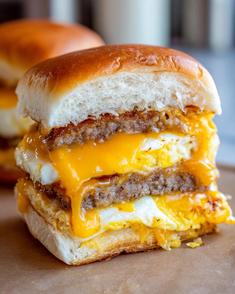 A close-up view of a delicious Breakfast Sliders stack featuring sausage patties, fried eggs, and melted cheddar cheese on soft rolls.