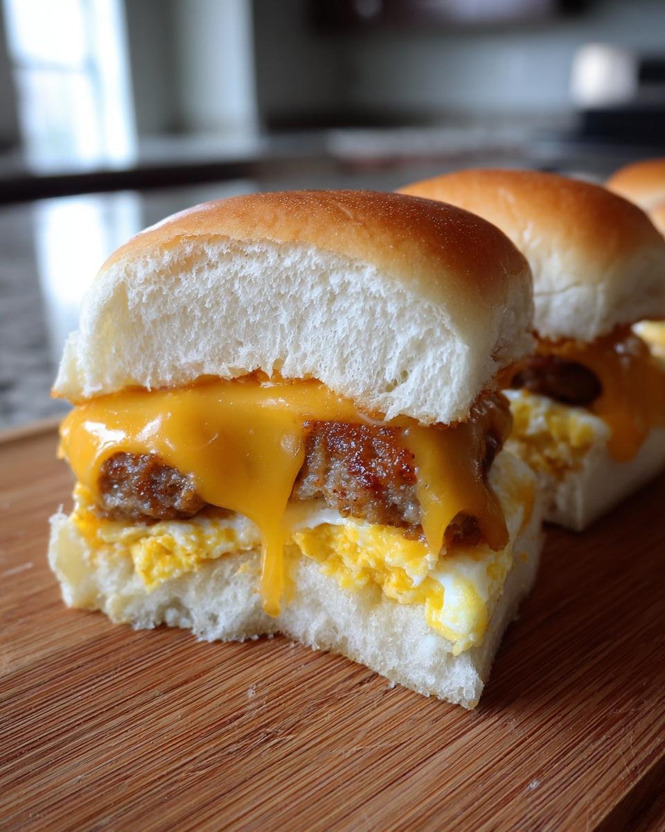 A close-up of one of the amazing Breakfast Sliders, showing melted cheese dripping over sausage and egg on a soft roll.