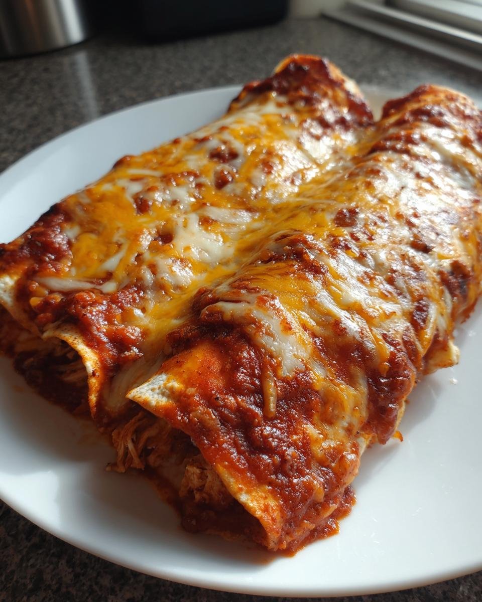 Two freshly baked Chicken Enchiladas smothered in red sauce and melted cheddar and Monterey Jack cheese.