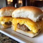 Two delicious Breakfast Sliders stacked with sausage patty, scrambled egg, and melted cheddar cheese on soft rolls.