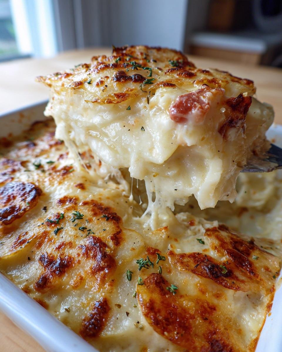 A serving spoon lifts a cheesy, creamy portion of Scalloped Potatoes from a baking dish, showing melted cheese strings.