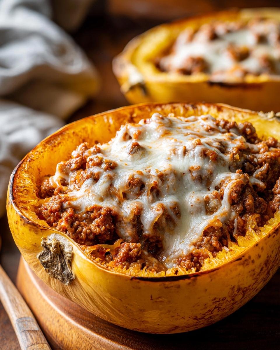 Close-up of a half Stuffed Spaghetti Squash filled with savory meat sauce and topped with melted mozzarella cheese.