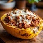 A close-up of Stuffed Spaghetti Squash filled with rich meat sauce and topped with melted mozzarella cheese.