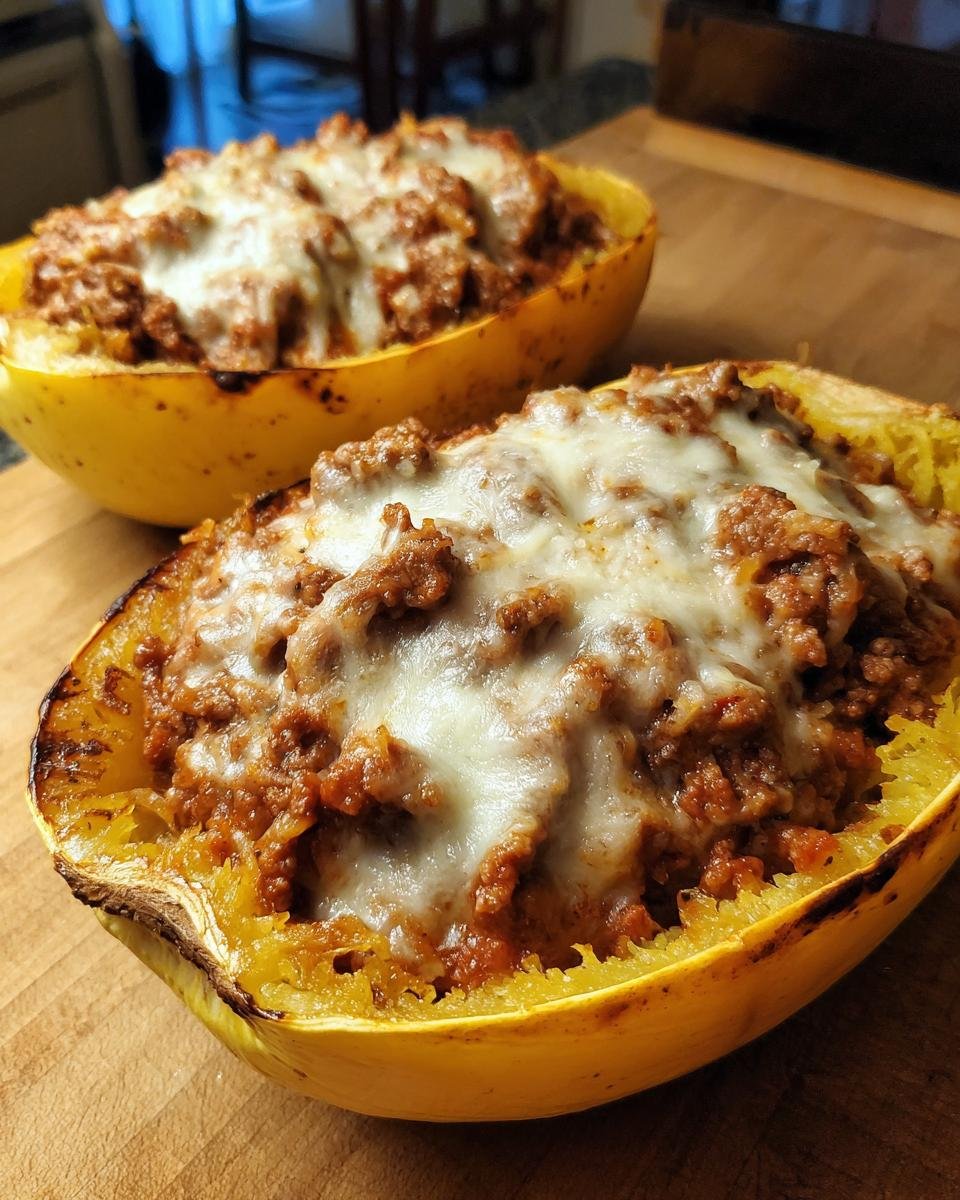 Two halves of baked Stuffed Spaghetti Squash filled with meat sauce and topped with melted mozzarella cheese.