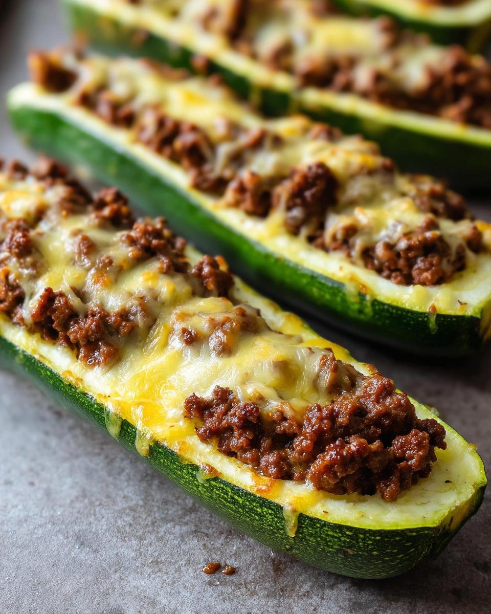 Close-up of baked Stuffed Zucchini Boats filled with seasoned ground meat and topped with melted, gooey cheese.