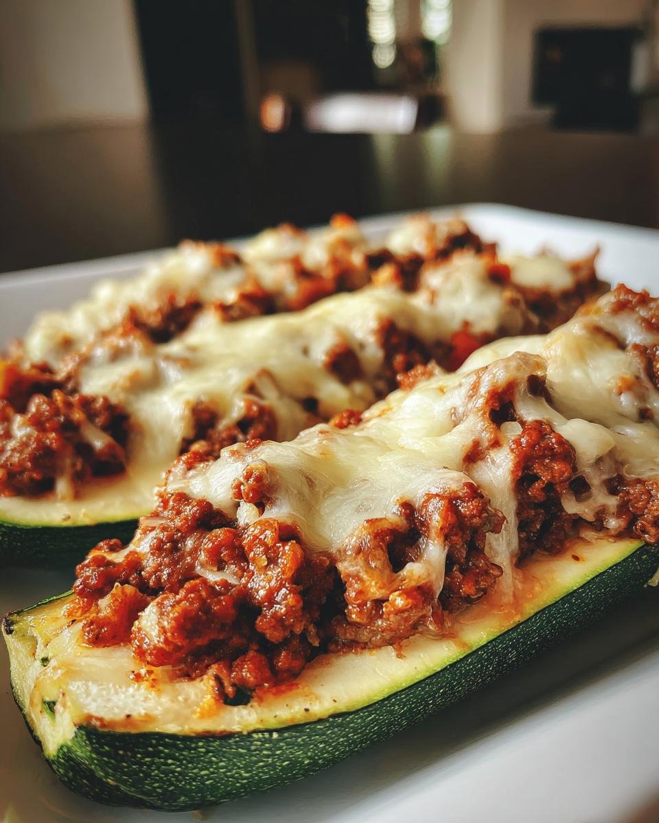 Close-up of two Stuffed Zucchini Boats filled with savory meat sauce and topped with melted mozzarella cheese.