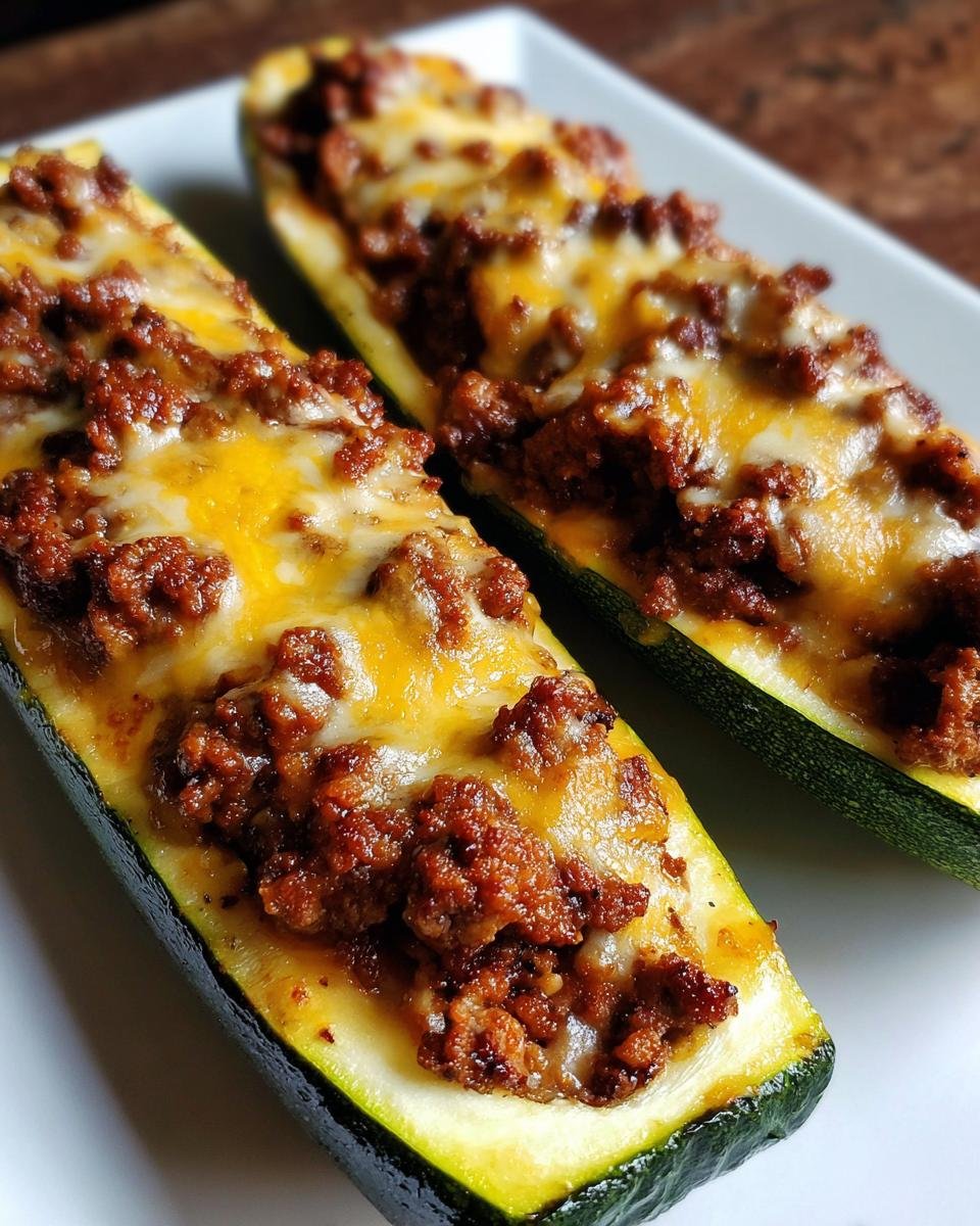 Two baked Stuffed Zucchini Boats filled with savory meat and topped with melted cheddar cheese.