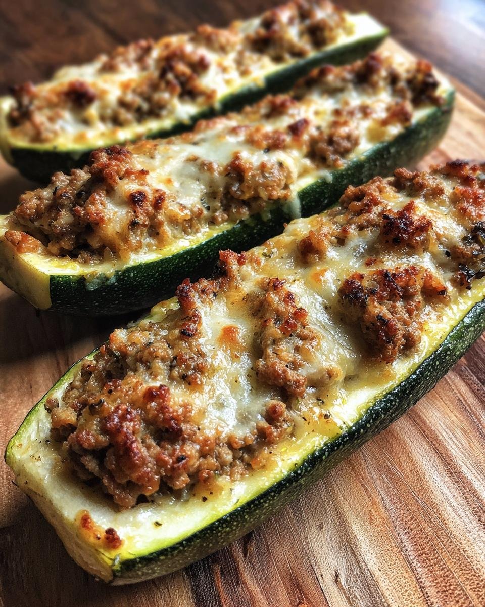 Three baked Stuffed Zucchini Boats filled with seasoned ground meat and melted cheese, resting on a wooden board.