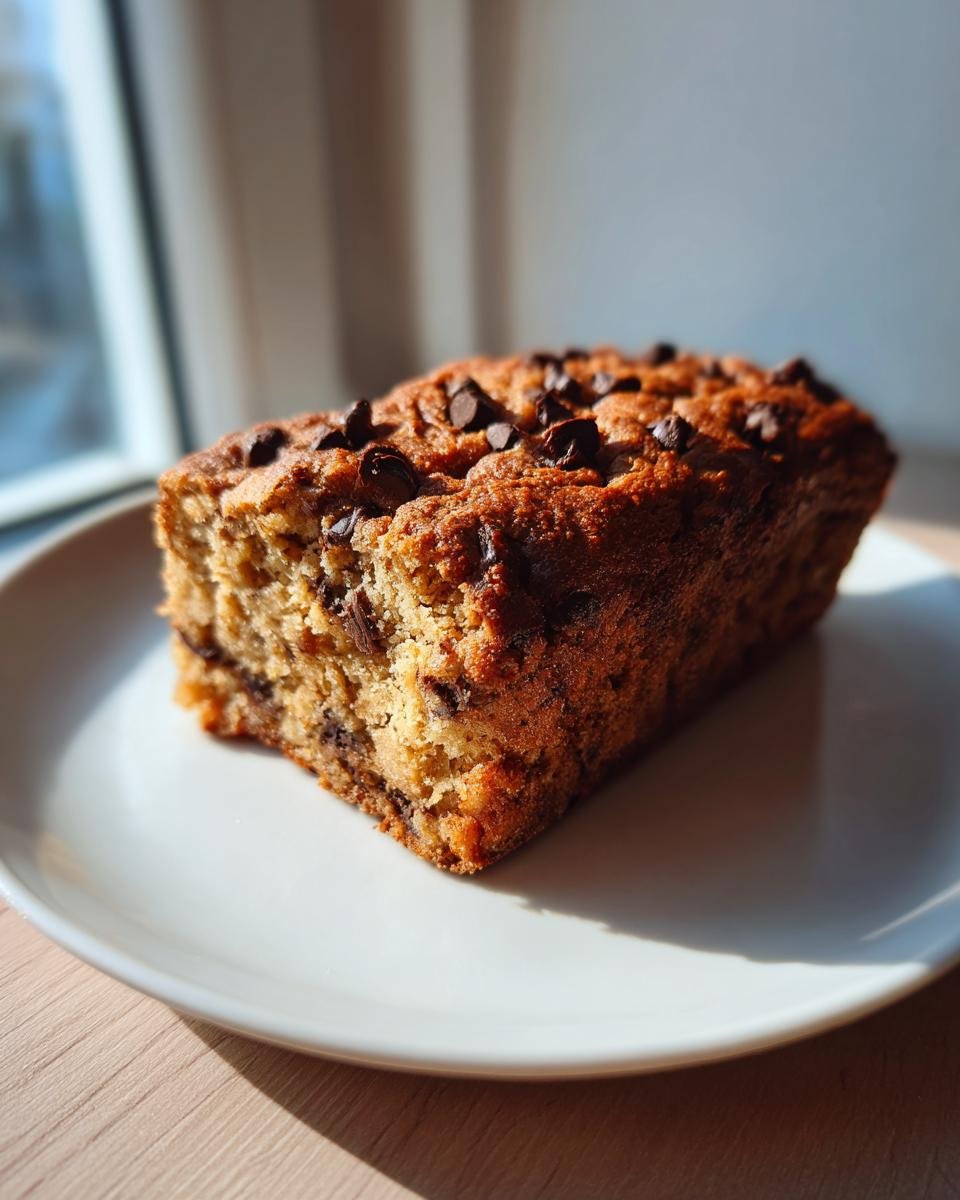A golden brown slice of Chocolate Chip Banana Bars topped with melted chips, resting on a white plate.