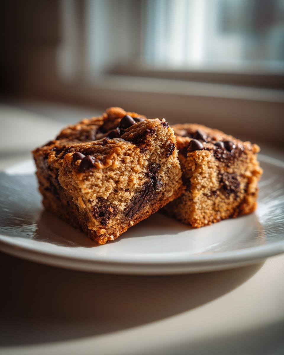 Two moist squares of Chocolate Chip Banana Bars, studded with melted chocolate chips, sitting on a white plate near a window.