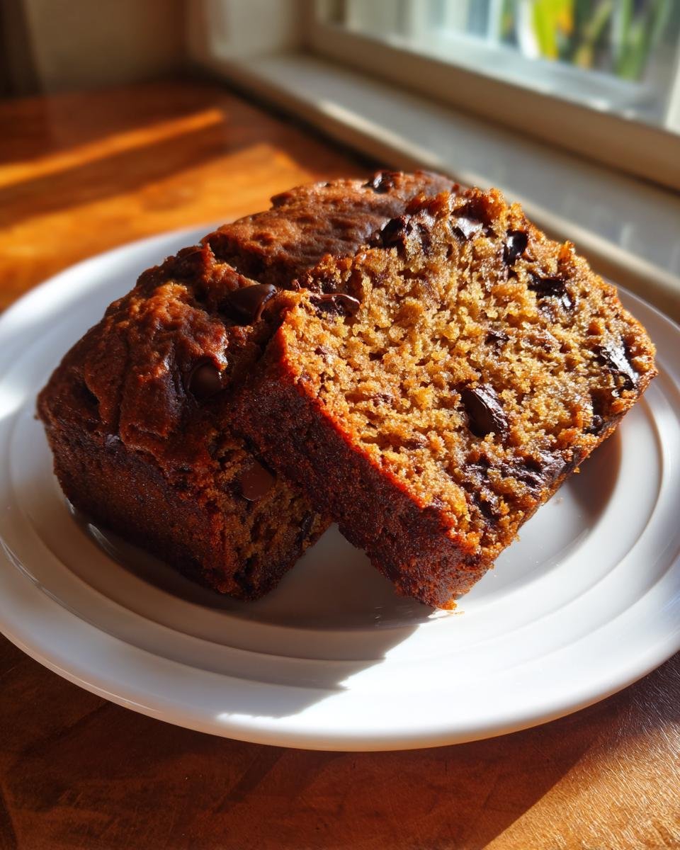 Two thick slices of moist Chocolate Chip Banana Bars, rich brown in color and studded with chocolate chips, served on a white plate.
