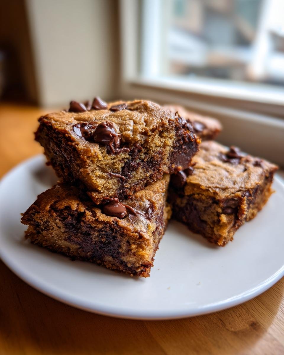 Close-up of stacked, fudgy Chocolate Chip Banana Bars topped with melted chocolate chips on a white plate.
