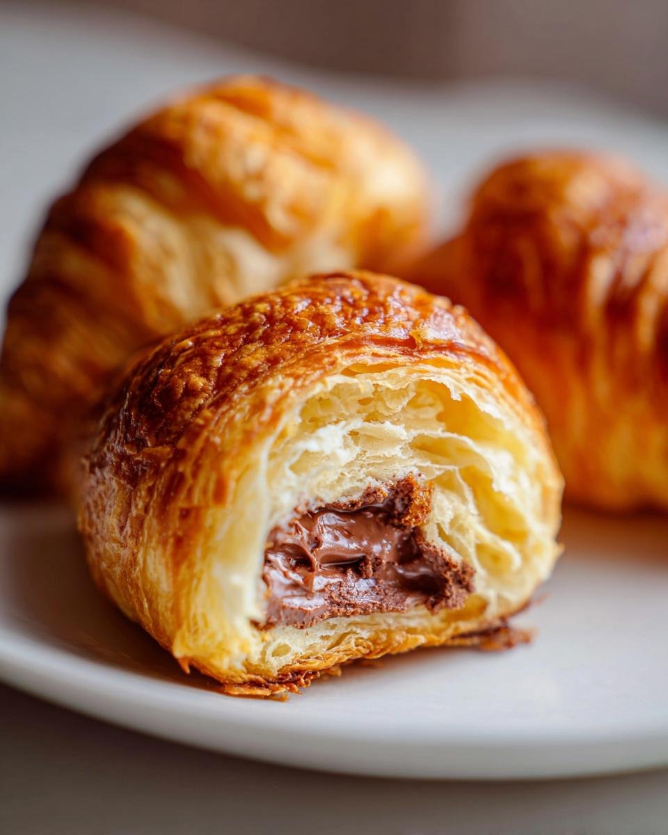 Close-up of a flaky, golden Cookie Croissant Bite cut open to show melted chocolate filling inside.