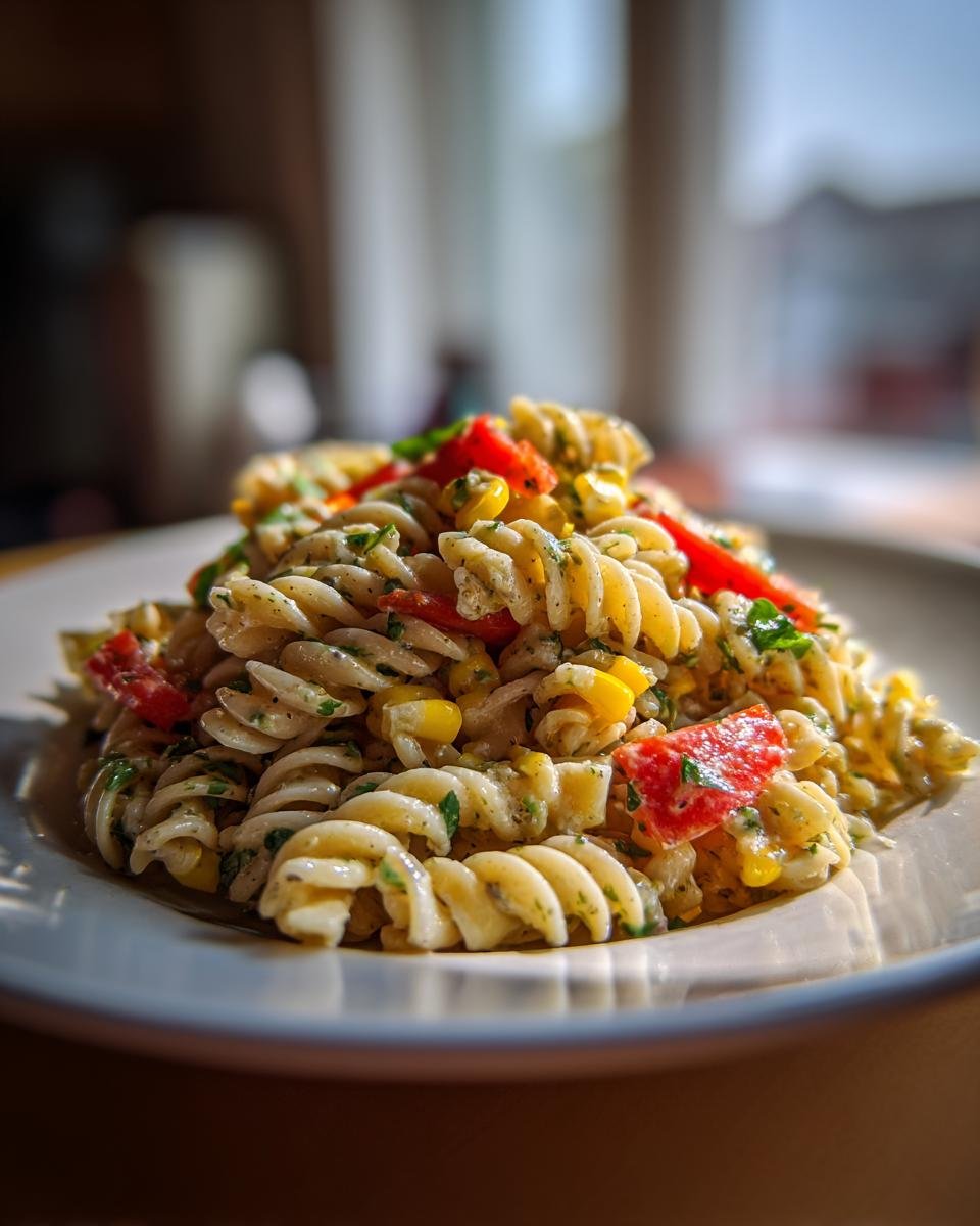 A close-up of Cilantro Lime Pasta Salad featuring rotini pasta, yellow corn kernels, and diced red peppers.