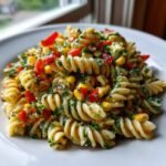 A close-up serving of vibrant Cilantro Lime Pasta Salad featuring rotini pasta, yellow corn, and diced red peppers.
