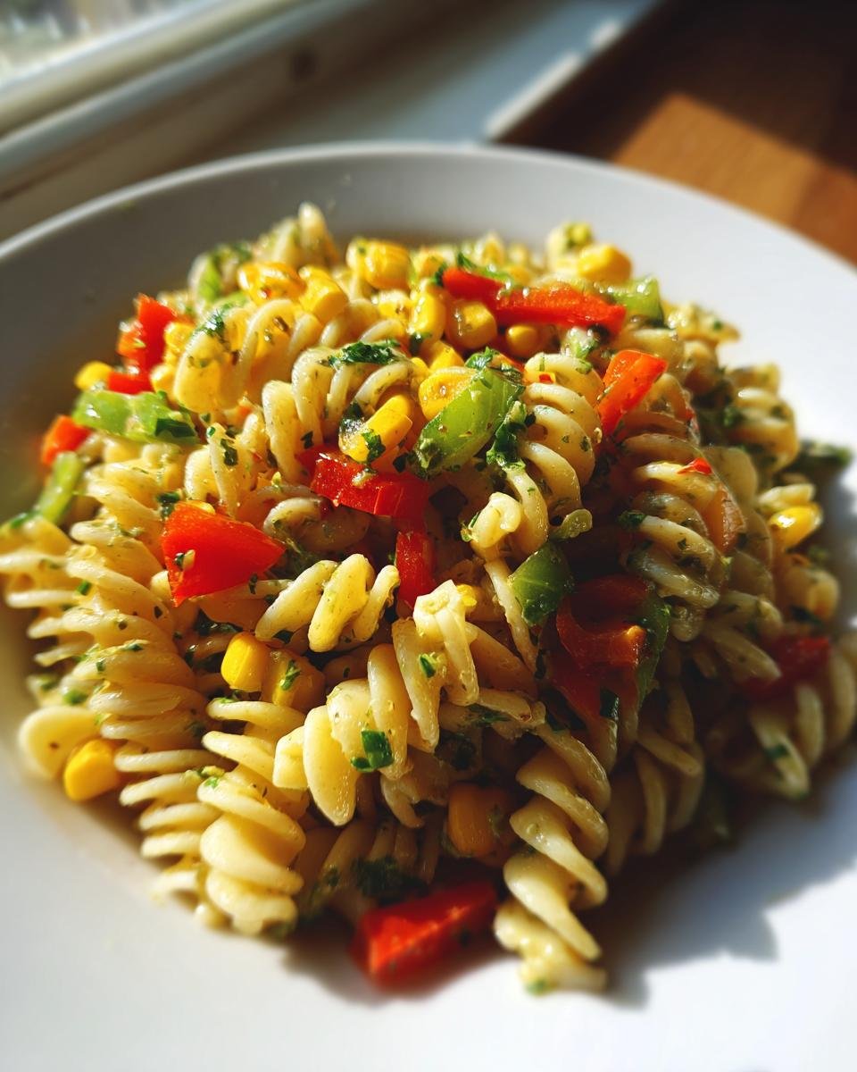Close-up of a serving of Cilantro Lime Pasta Salad featuring fusilli pasta, corn, red peppers, and green herbs.