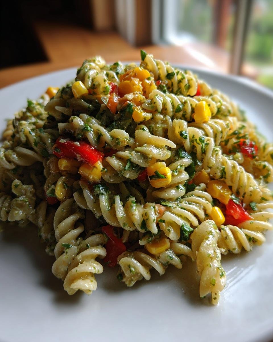 A close-up serving of Cilantro Lime Pasta Salad featuring fusilli pasta coated in a green dressing, mixed with corn kernels and red bell peppers.