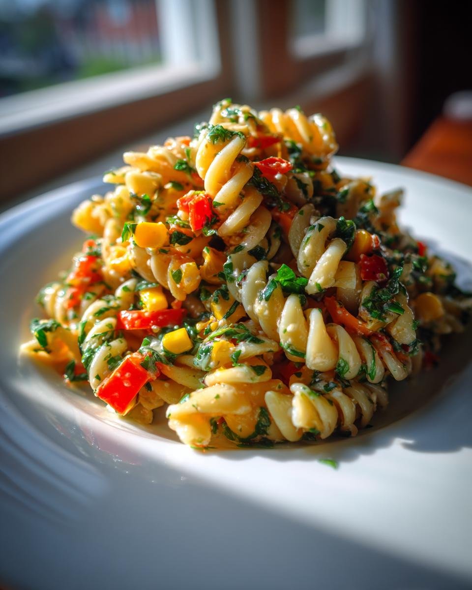 A close-up of bright Cilantro Lime Pasta Salad featuring rotini pasta, corn, and red peppers on a white plate.