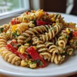 Close-up of a serving of Cilantro Lime Pasta Salad featuring rotini pasta, red and yellow bell peppers, and corn.