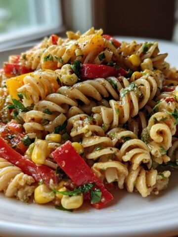 Close-up of a serving of Cilantro Lime Pasta Salad featuring rotini pasta, red and yellow bell peppers, and corn.