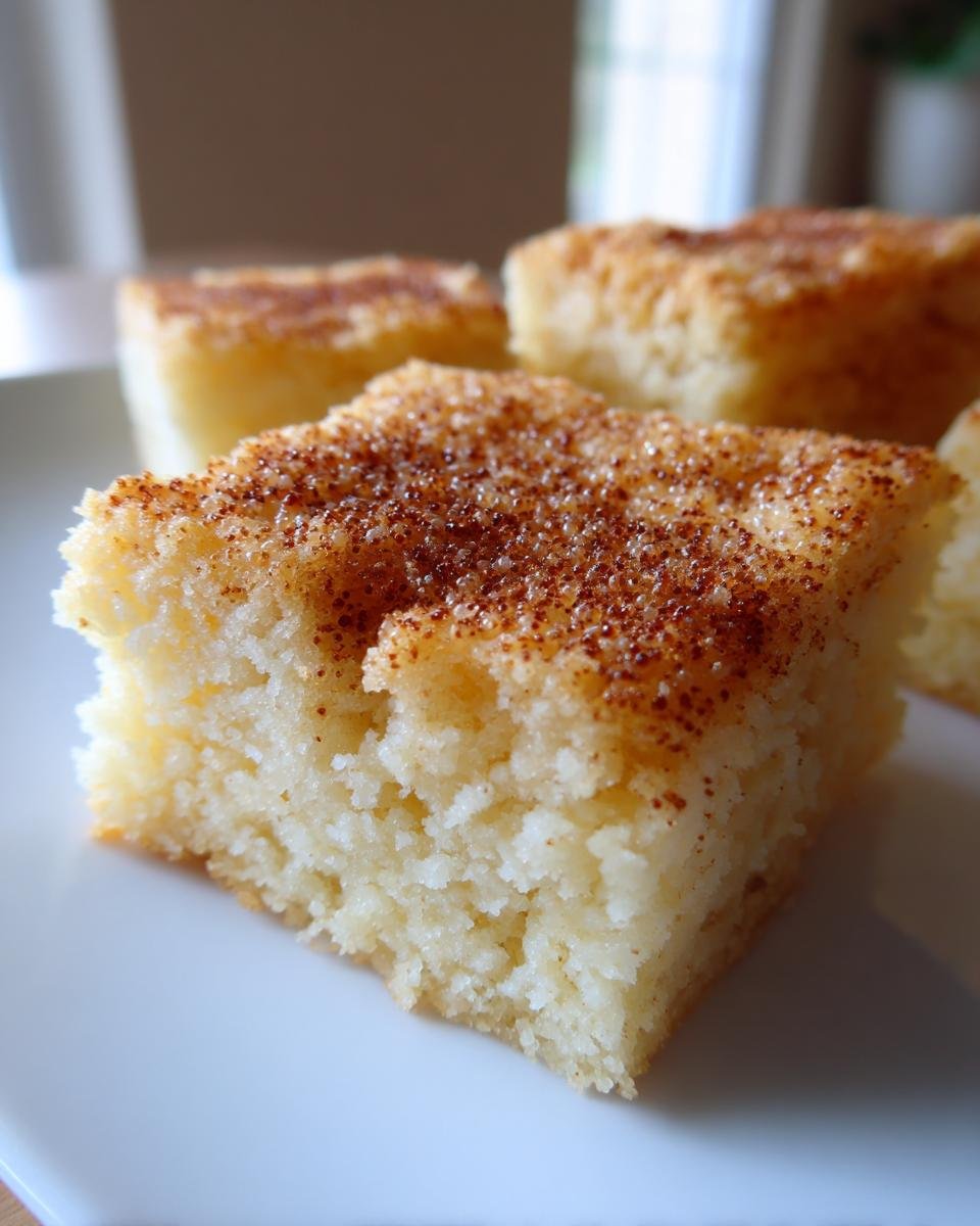 A close-up of a soft, square Cake Batter Bars slice topped generously with cinnamon sugar.