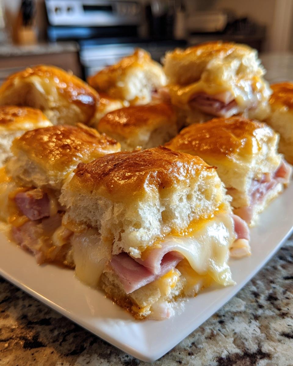 Close-up of several baked Club Sliders filled with ham and melted cheese, sitting on a white rectangular platter.