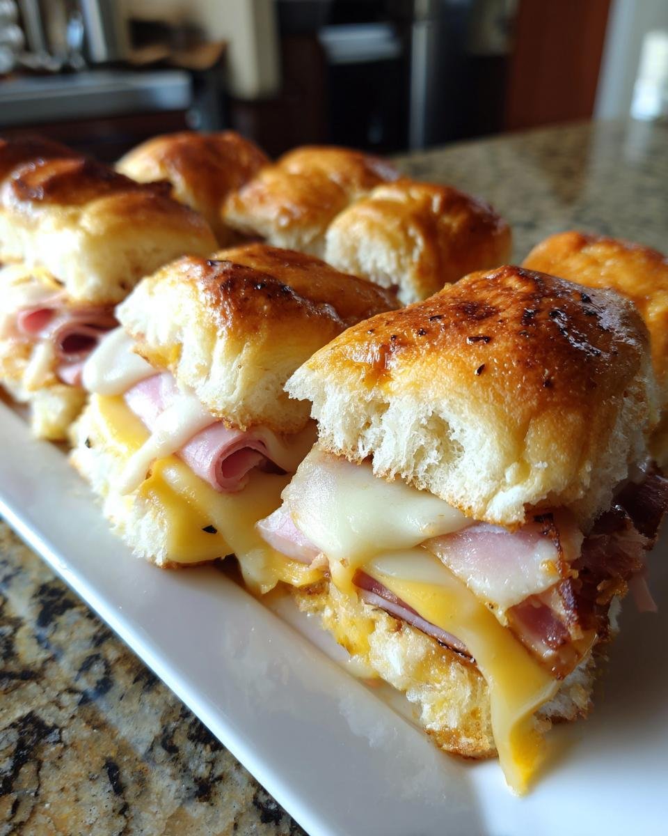 Close-up of several freshly baked Club Sliders filled with melted Swiss and cheddar cheese, ham, and bacon.