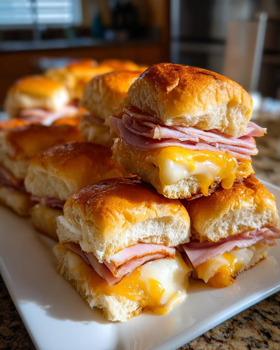 Close-up of stacked Club Sliders featuring melted cheese oozing out from between ham and soft rolls.