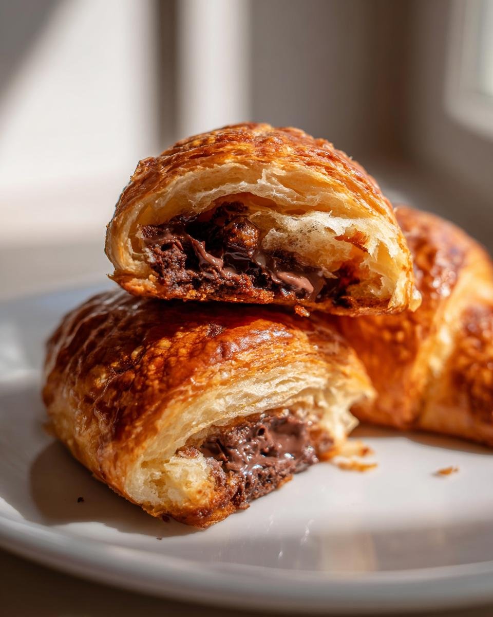 Cross-section of two flaky Cookie Croissant Bites showing gooey melted chocolate filling inside.