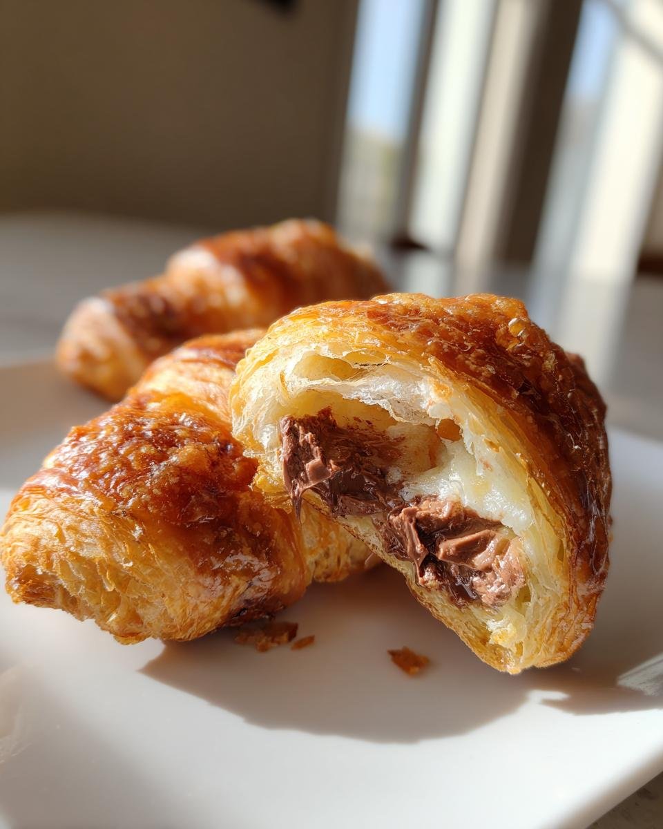 A flaky, golden-brown Cookie Croissant Bite cut open to show melted chocolate filling.