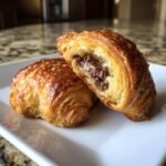 Two halves of a flaky, golden-brown Cookie Croissant Bites filled with melted chocolate, resting on a white plate.