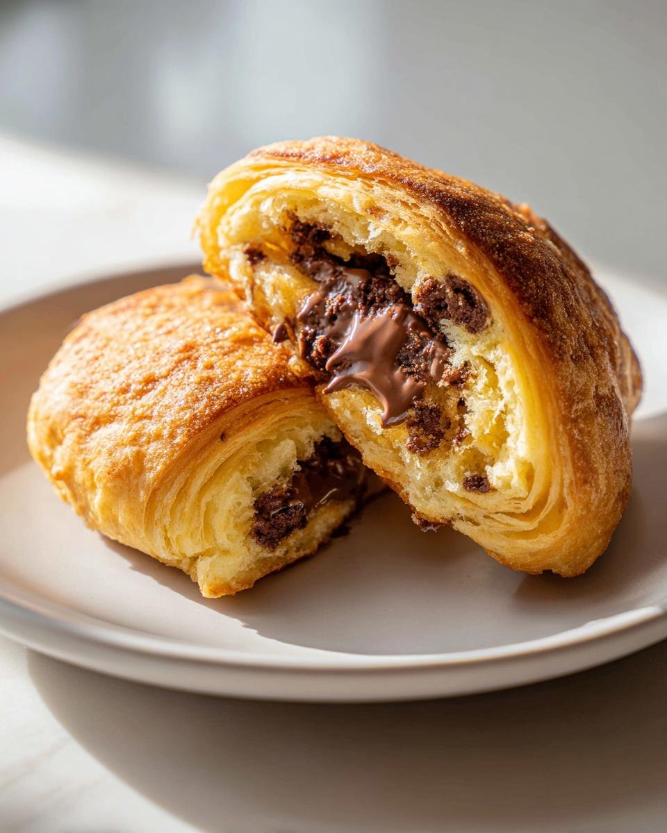 Close-up of two halves of a flaky pastry showing melted chocolate filling, representing Cookie Croissant Bites.