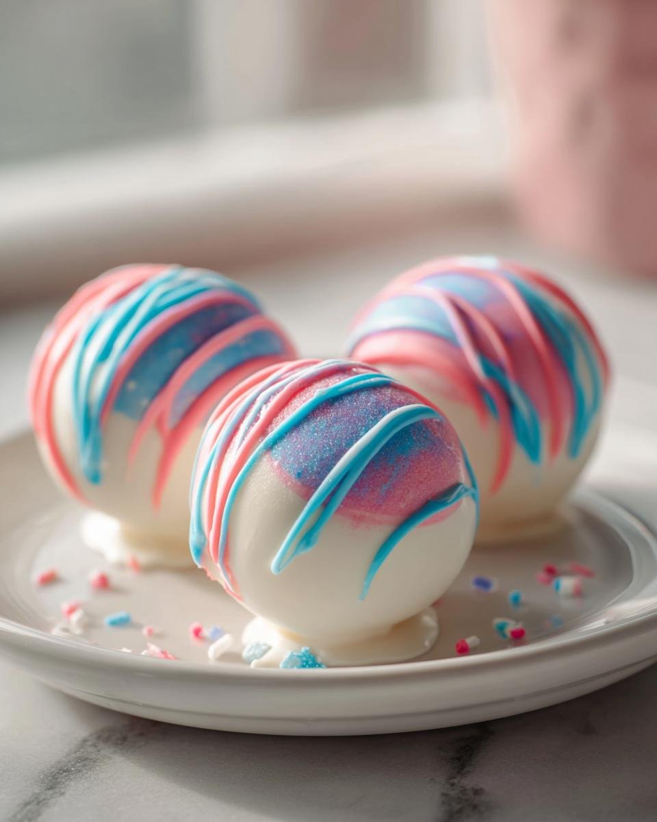 Three brightly decorated Cotton Candy Cheesecake Bombs coated in white chocolate with pink and blue drizzle and glitter.