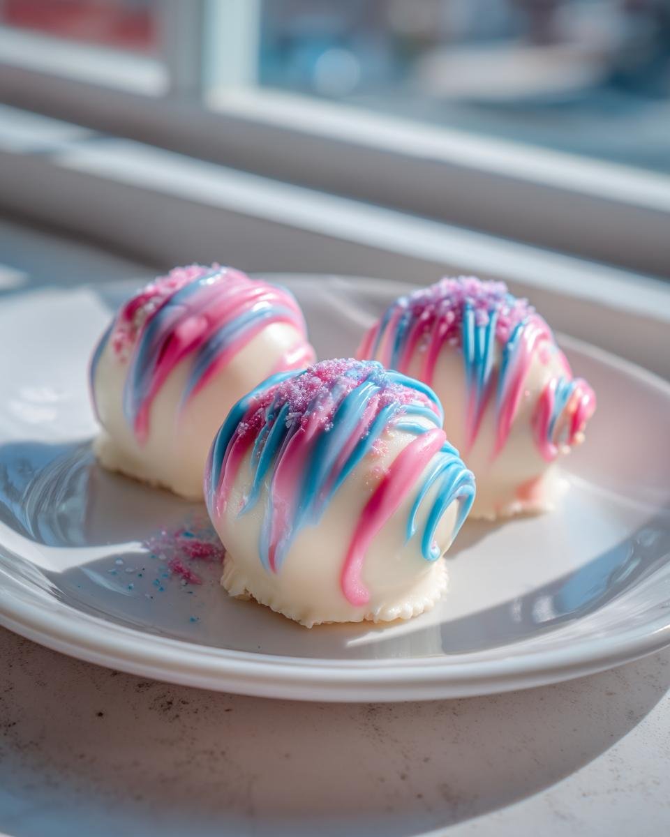 Three vibrant Cotton Candy Cheesecake Bombs, drizzled with pink and blue icing and sprinkles, sitting on a white plate.