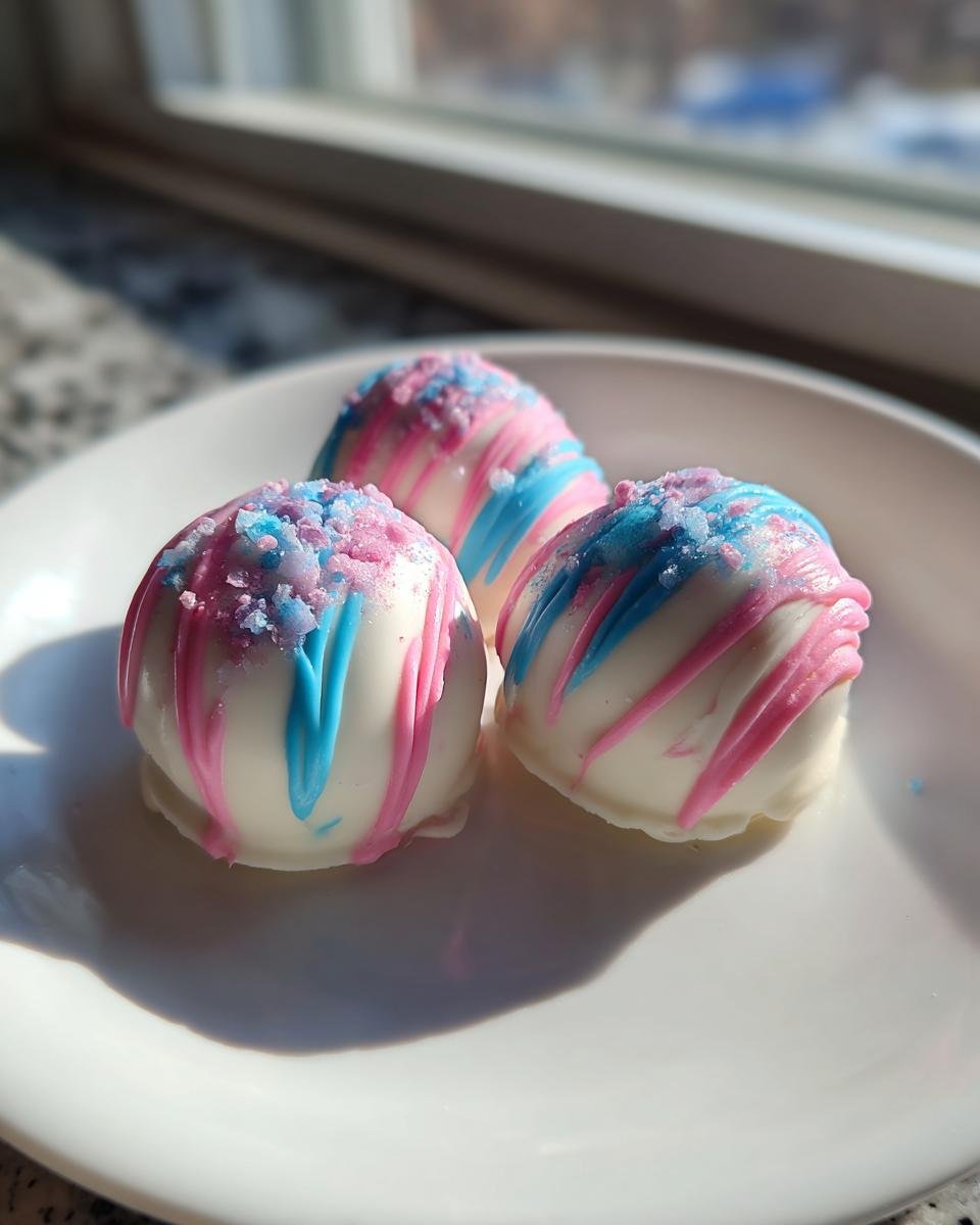 Three decadent Cotton Candy Cheesecake Bombs coated in white chocolate with pink and blue drizzle and sprinkles.
