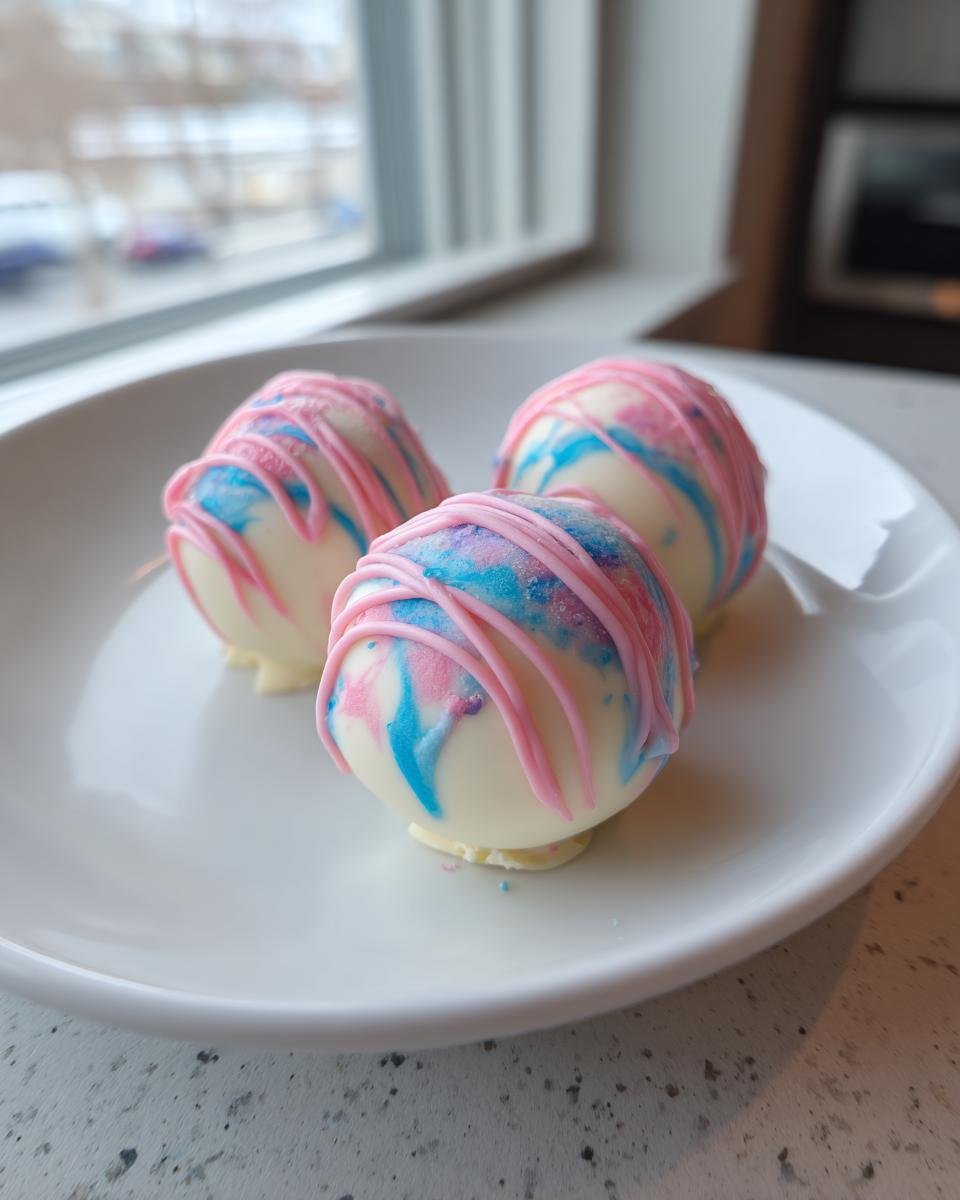 Three colorful Cotton Candy Cheesecake Bombs coated in white chocolate with pink drizzle, sitting on a white plate.