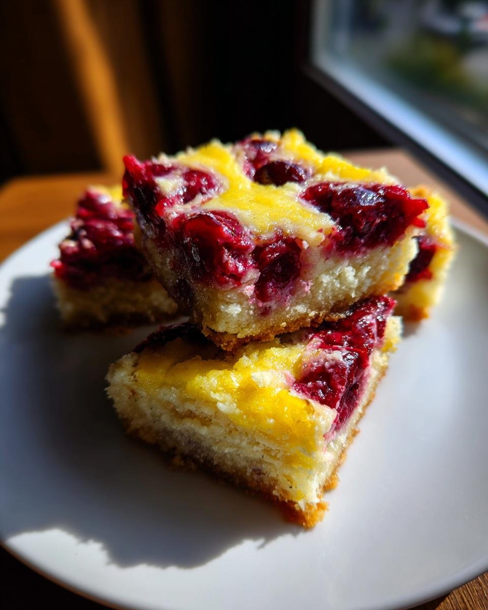 Three stacked squares of bright Cranberry Lemon Bars featuring a thick, tart cranberry swirl over a buttery crust.