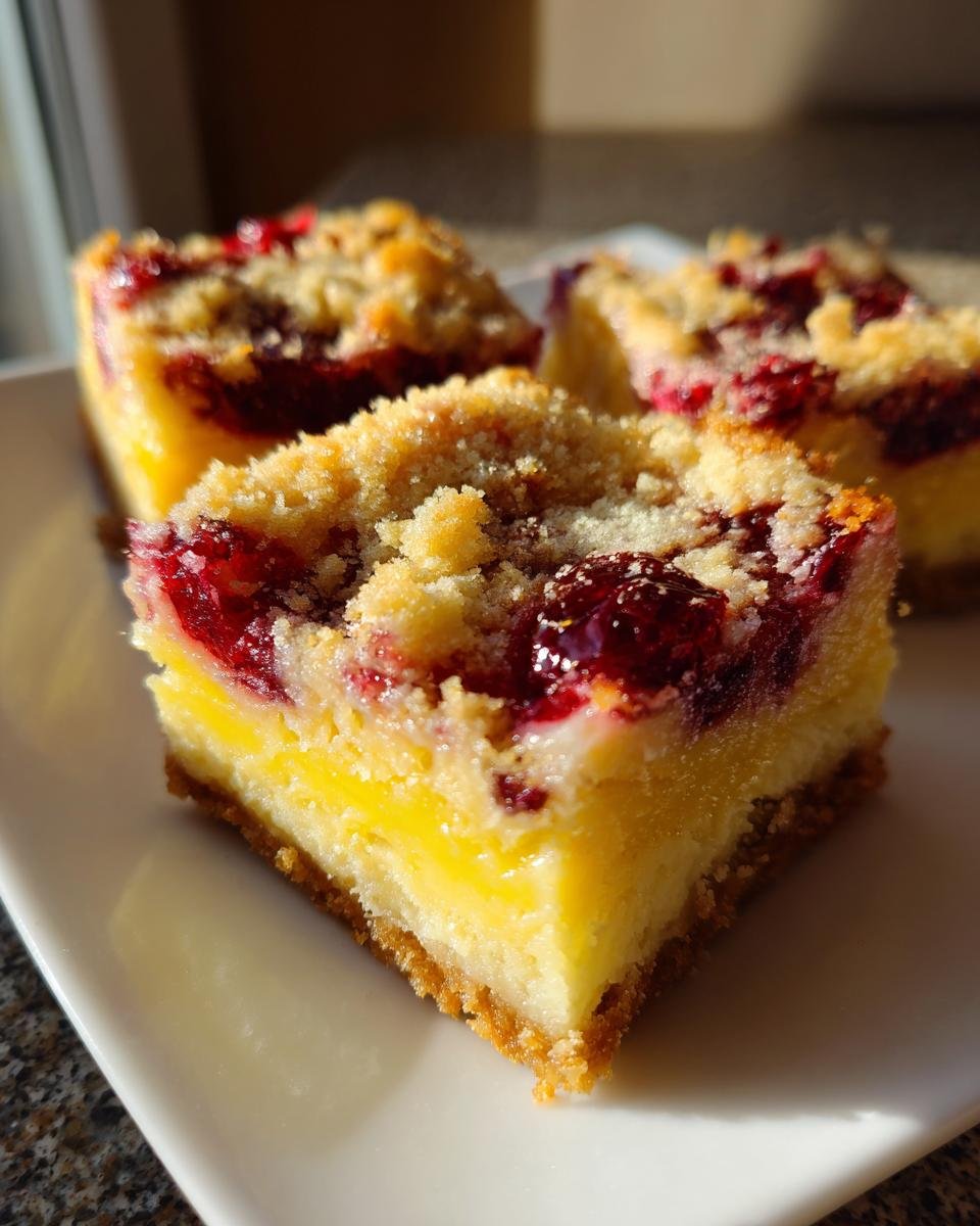 A close-up of a square slice of Cranberry Lemon Bars showing the bright yellow lemon filling, cranberry topping, and crumb crust.