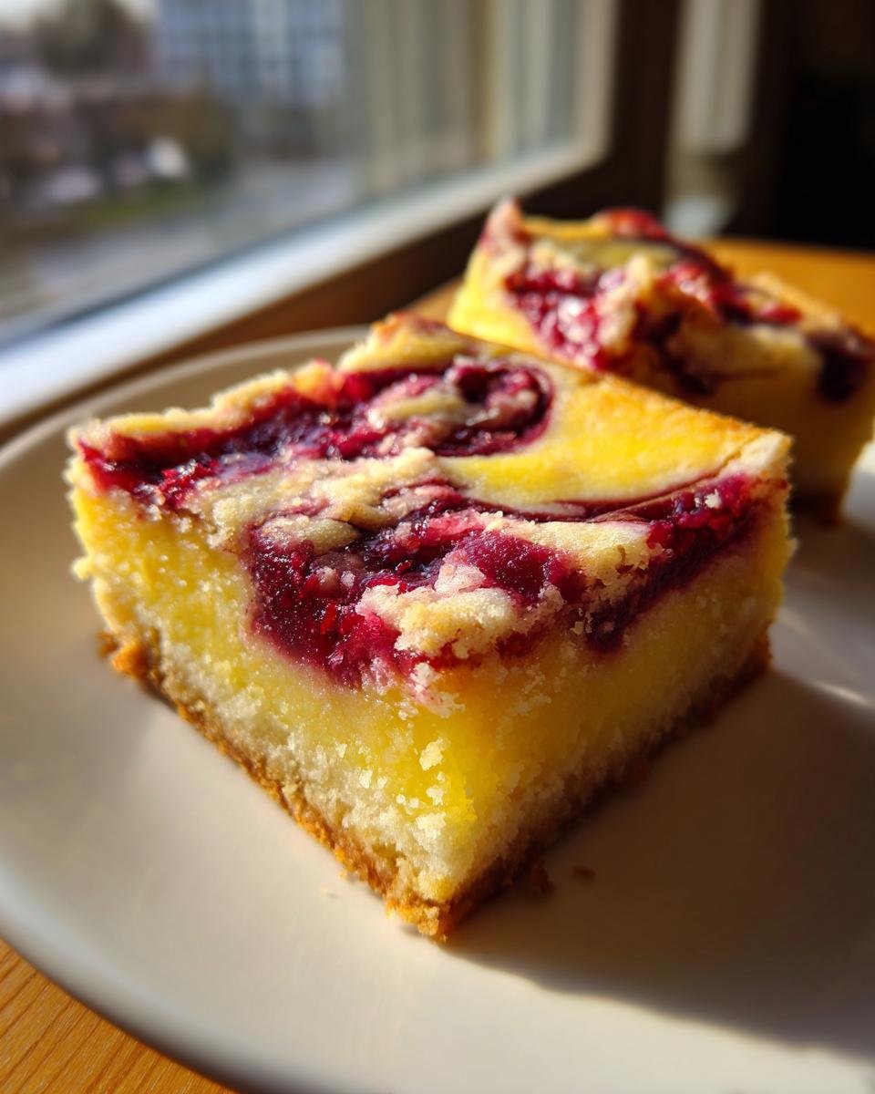 Two slices of bright yellow Cranberry Lemon Bars with a rich, swirled cranberry topping on a white plate.
