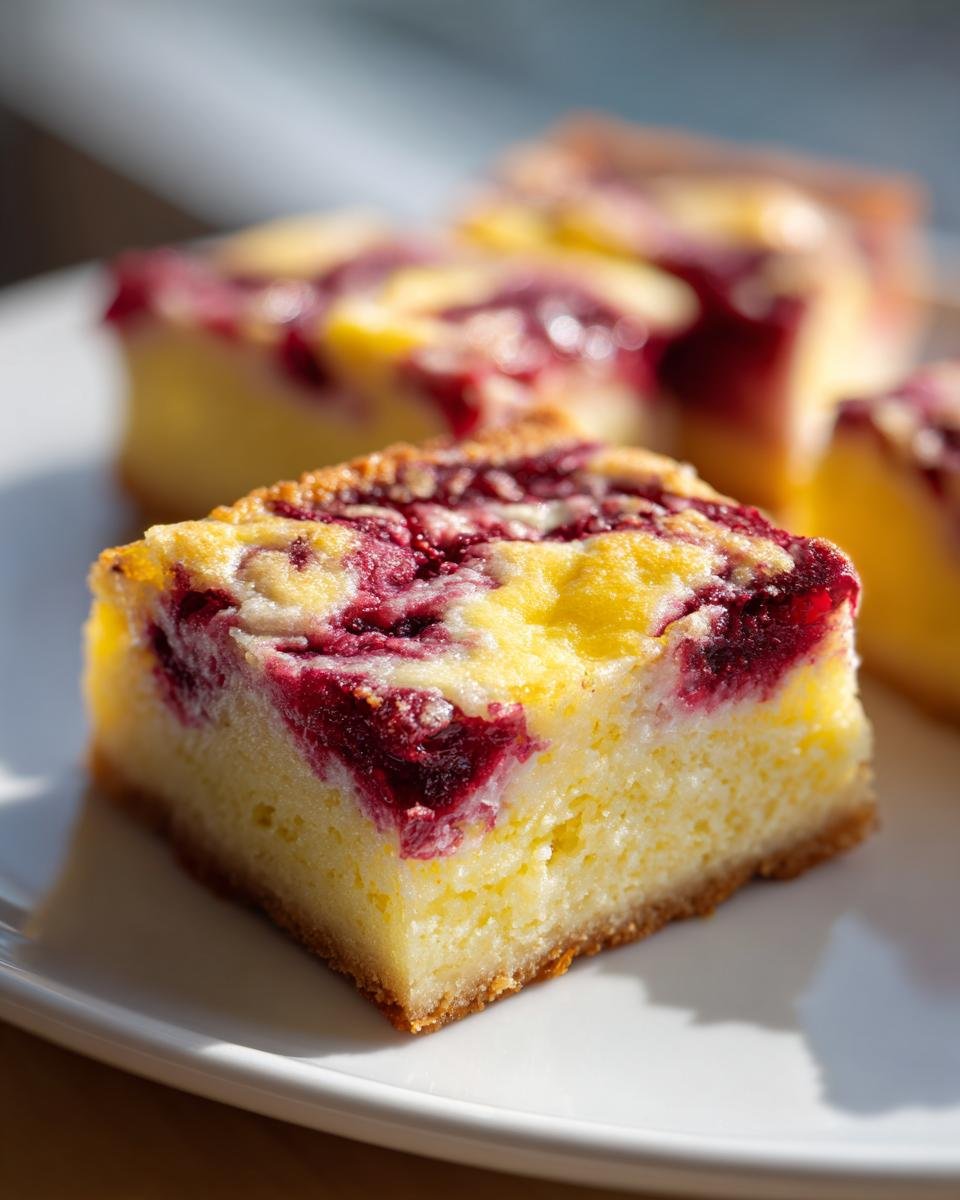 A square slice of bright yellow Cranberry Lemon Bars with a swirl of dark red cranberry topping on a white plate.