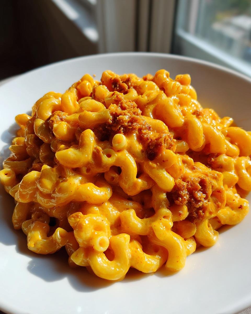 Close-up of creamy Buffalo Mac And Cheese with elbow macaroni coated in orange sauce and topped with seasoned meat crumbles.