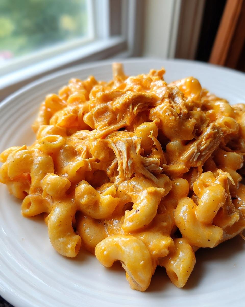 Close-up of creamy Buffalo Mac And Cheese mixed with shredded chicken served on a white plate.