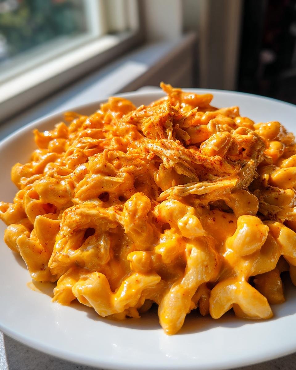 A close-up of creamy, orange Buffalo Mac And Cheese topped with shredded chicken and spices.