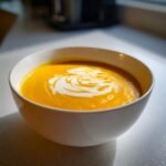 A close-up of vibrant orange Butternut Squash Soup topped with a swirl of cream in a white bowl.